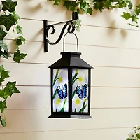 Glitzhome® 11" Glass with Butterfly & Flower Pattern Solar Powered Hanging Lantern