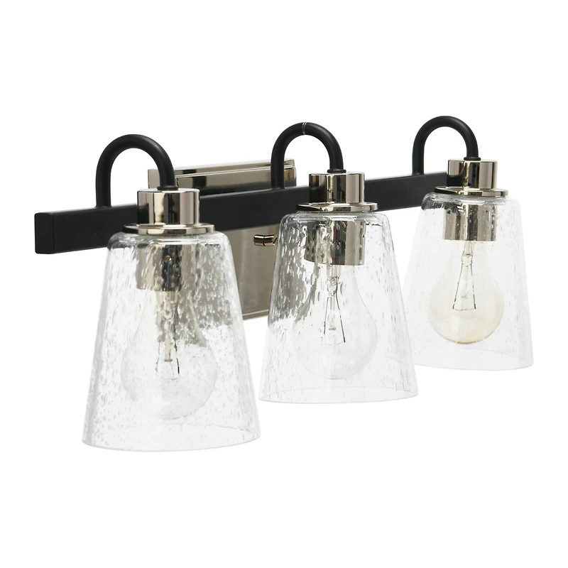 Hello Honey® Robert Stevenson Lighting Jameson Matte Black & Polished Nickel Metal & Seedy Glass 3-Light Vanity Light