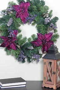 24" Two-Tone Pine with Purple Poinsettias & Berries Wreath