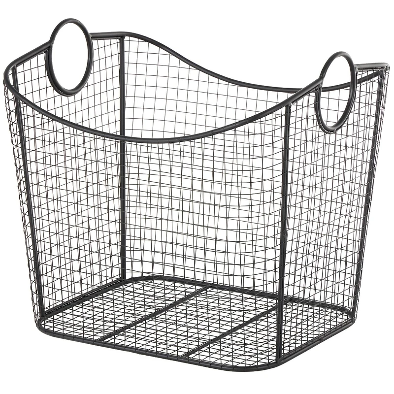 20" Black Metal Storage Basket with Curved Sides & Ring Handles