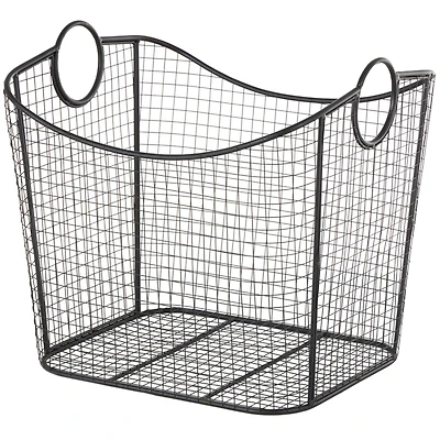 20" Black Metal Storage Basket with Curved Sides & Ring Handles