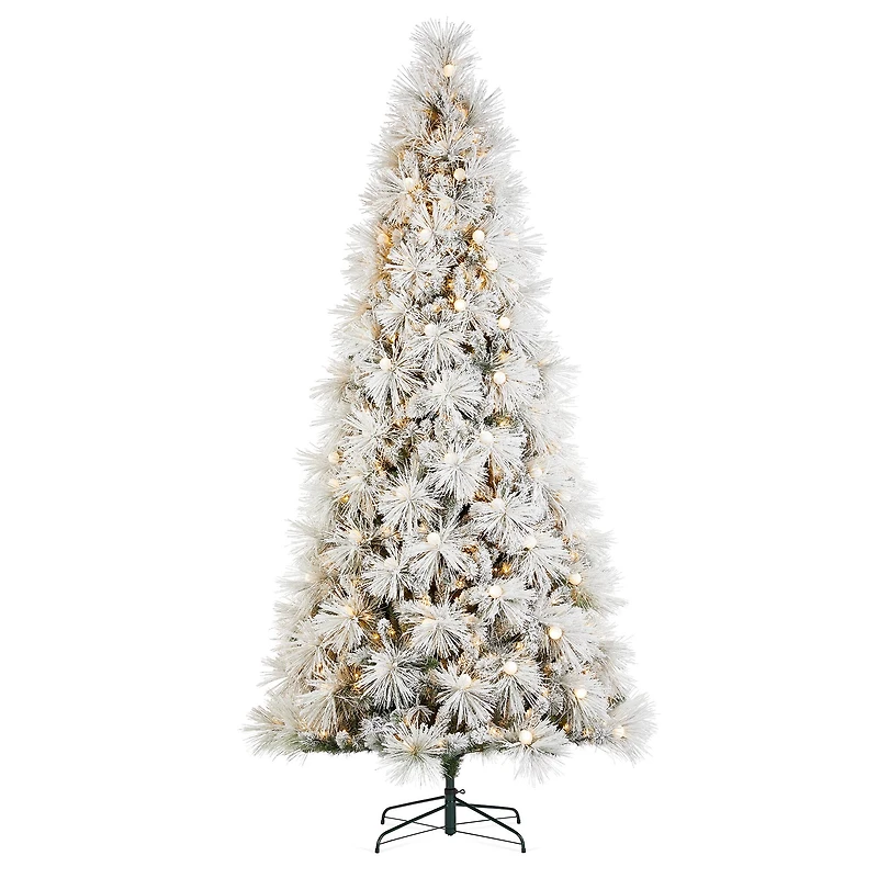 Glitzhome® 9ft Pre-Lit Flocked Full Pine Artificial Christmas Tree, Warm White LED Lights