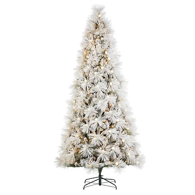 Glitzhome® 9ft Pre-Lit Flocked Full Pine Artificial Christmas Tree, Warm White LED Lights