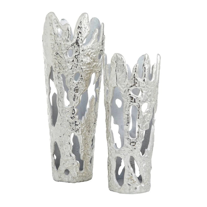 Set of 2" Silver Aluminum Contemporary Vases, 20" x 7" x 6"
