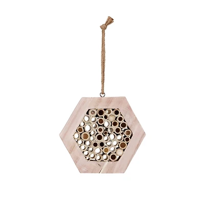 Hello Honey® 10" Natural Paulownia Wood & Bamboo Hexagon-Shaped Insect House with Jute Hanger