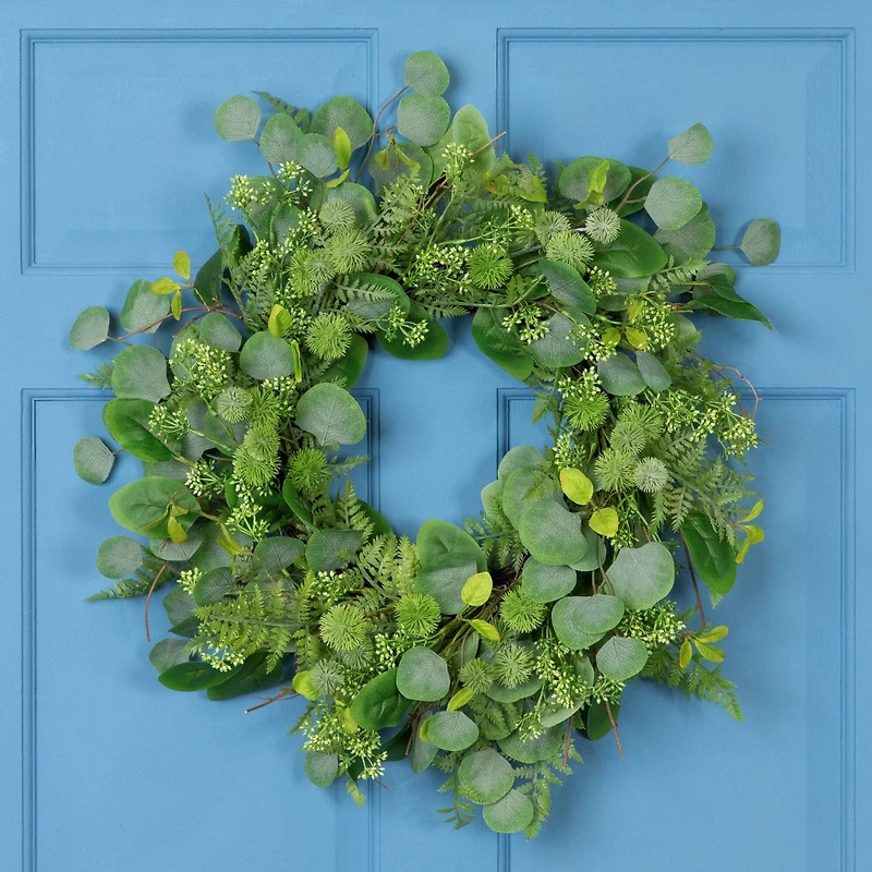 24" Seeded Eucalyptus & Sweet Gum Flowers Spring Artificial Wreath