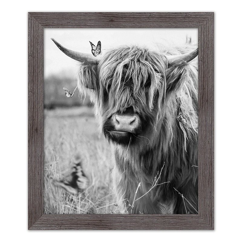 Black and White Highland Cow 20" x 24" Western Gray Framed Print