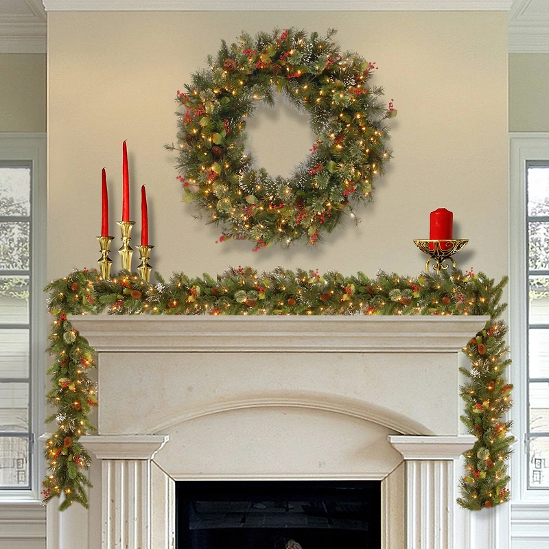 30" Wintry Pine® Wreath with Pine Cones, Red Berries, Snowflakes & Clear Lights