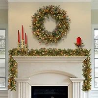 30" Wintry Pine® Wreath with Pine Cones, Red Berries, Snowflakes & Clear Lights