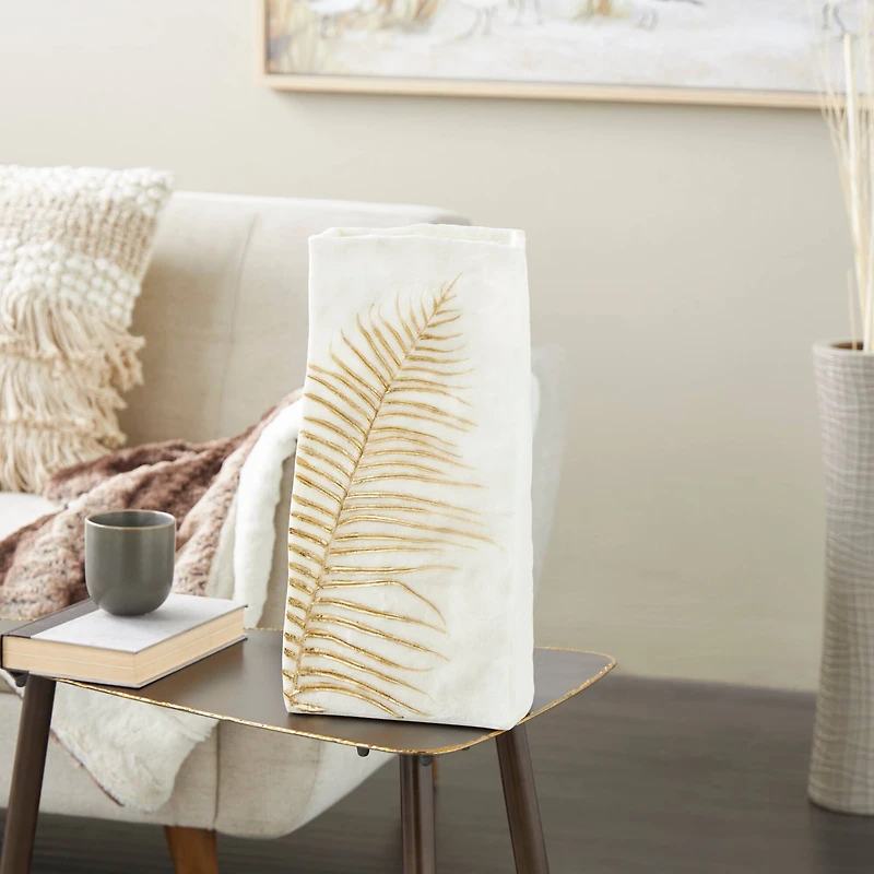 White & Gold Leaf Print Polystone Vase