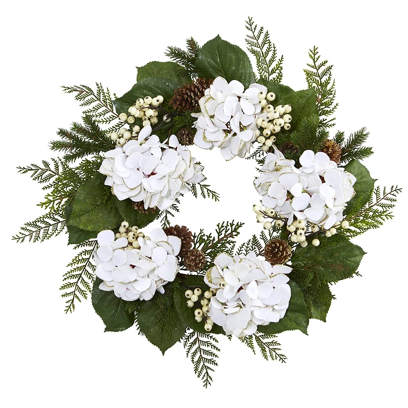 24" Gold Trimmed White Hydrangea & Berry Wreath