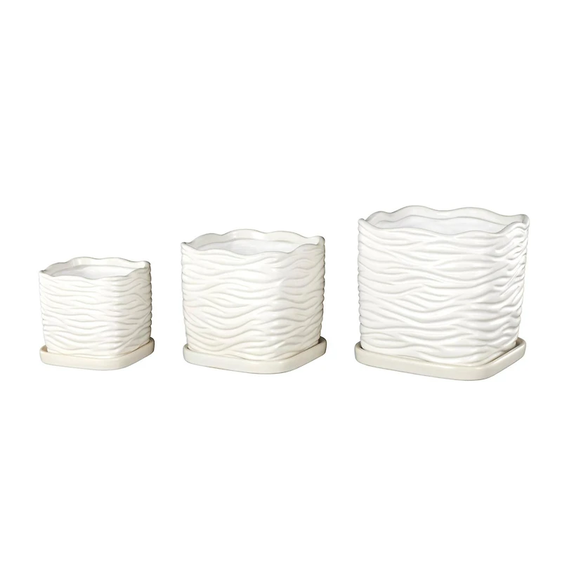 White Wavy Ribbed Ceramic Planter Set