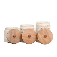 Cream Paper Mache Handmade Carved Spotted Geometric Canisters with Removable Lids Set