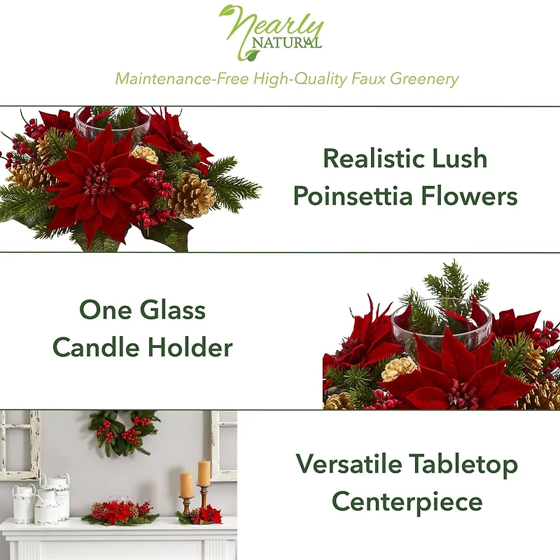 14" Poinsettia, Berry & Golden Pinecone Candelabrum Artificial Arrangement