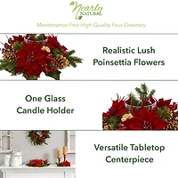 14" Poinsettia, Berry & Golden Pinecone Candelabrum Artificial Arrangement