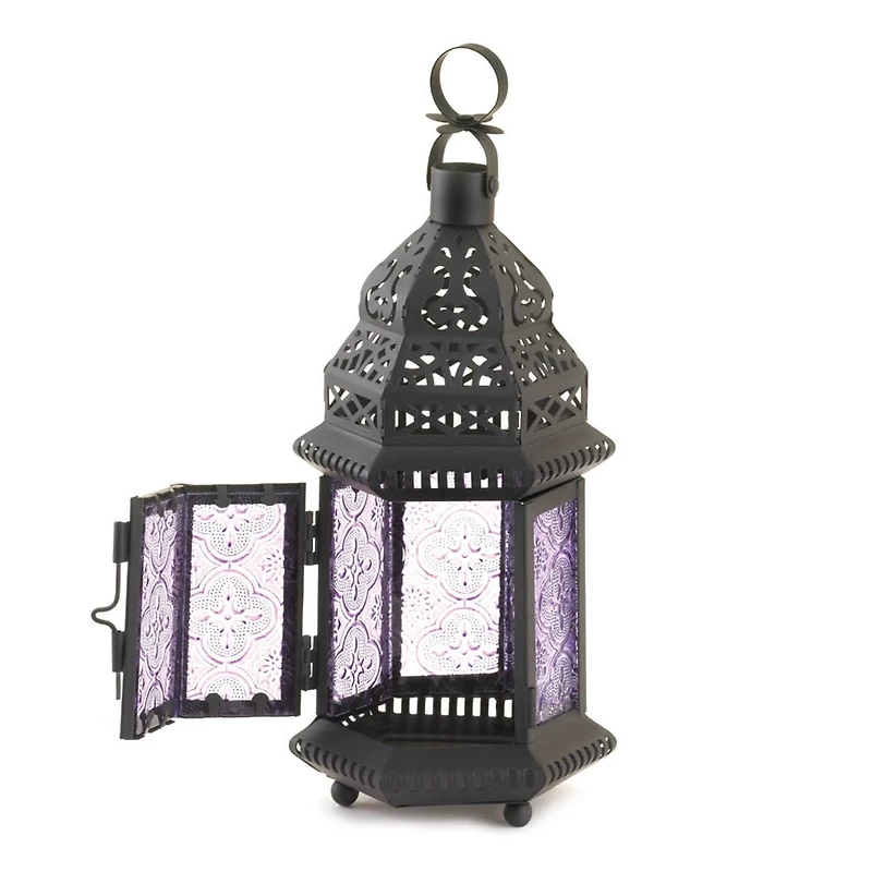 11'' Etched Purple Glass Moroccan Style Hanging Lantern