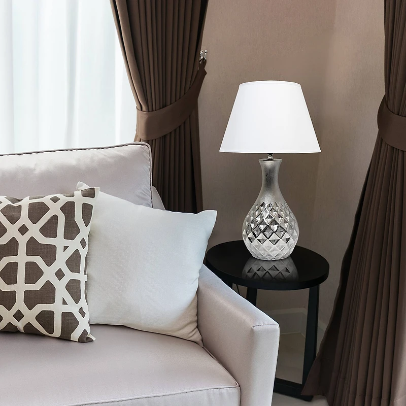 Elegant Designs 20.5" Metallic Silver Geometric Ceramic Table Lamp with White Fabric Shade