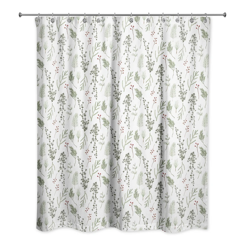 Pine Greenery on White Shower Curtain