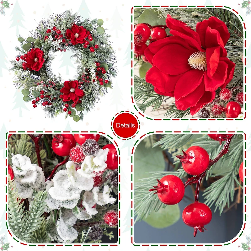 Glitzhome® 24"D Christmas Red Mangnolia & Berry Wreath