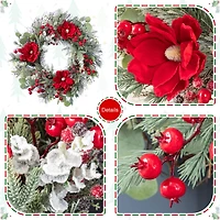 Glitzhome® 24"D Christmas Red Mangnolia & Berry Wreath