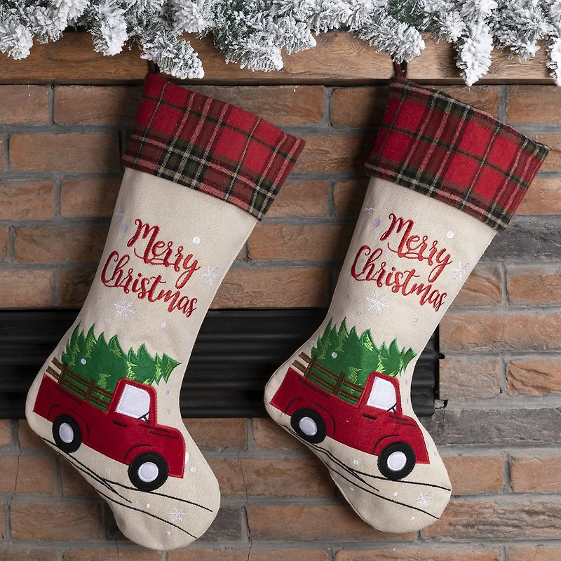 Glitzhome® 21" Red Truck Embroidered Linen Stocking, Set Of 2