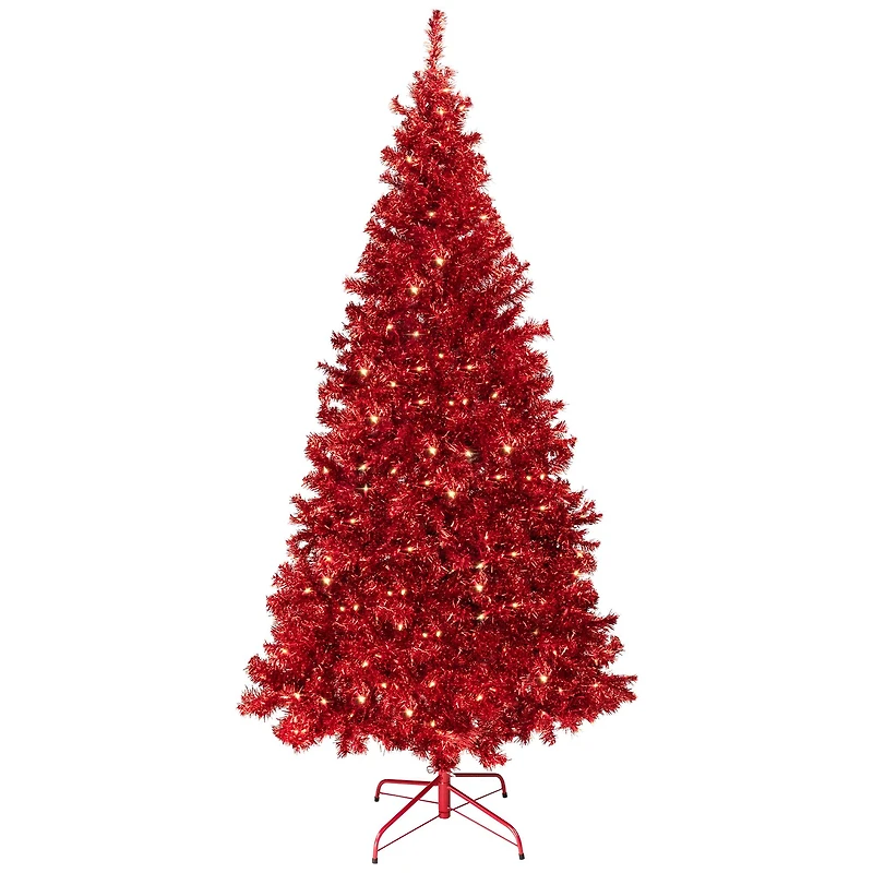 9ft. Pre-Lit Red Artificial Tinsel Christmas Tree, Clear Lights