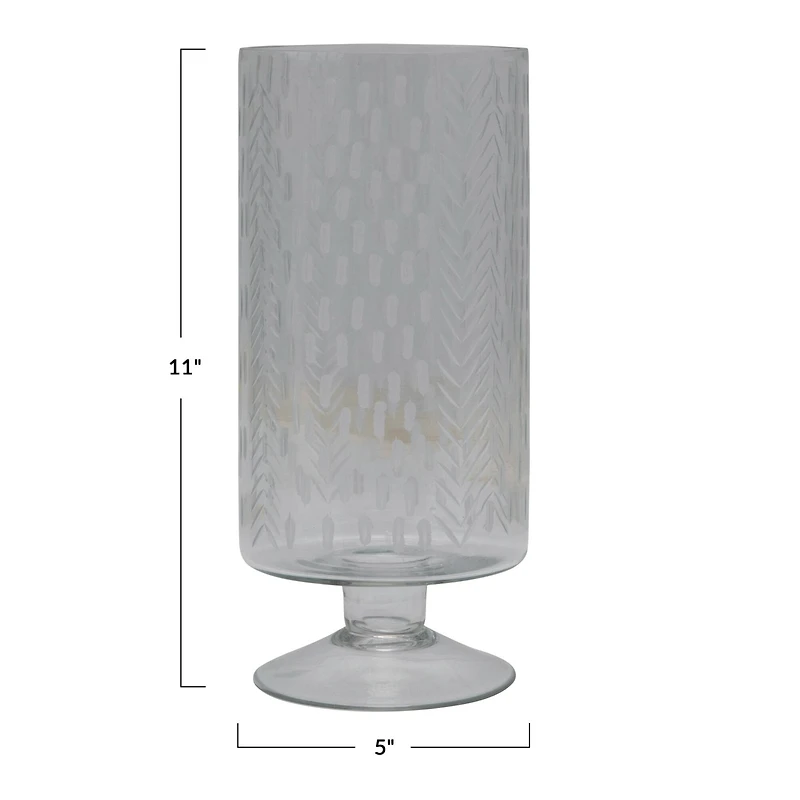 Hello Honey® 11" Glass Footed Hurricane Vase with Etched Pattern