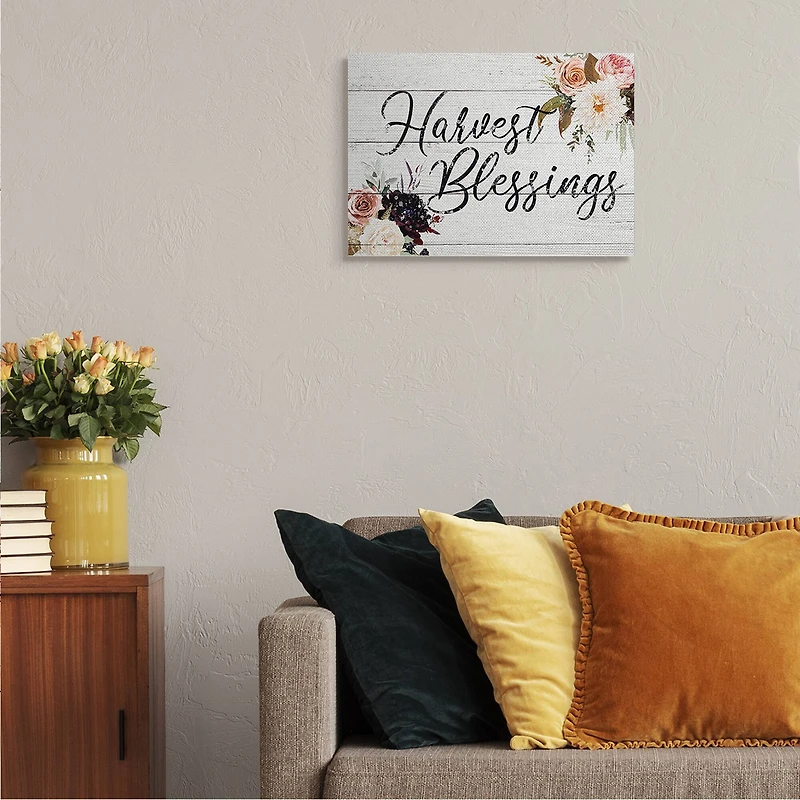 Stupell Industries Harvest Blessings Phrase Pink Peony Floral Arrangements Canvas Wall Art