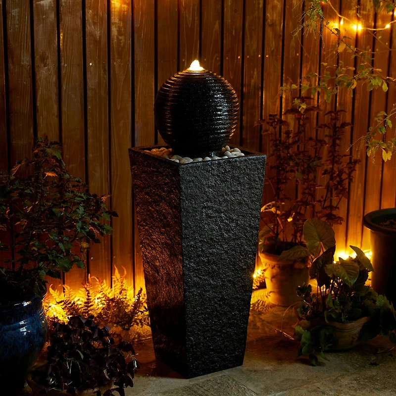 Glitzhome® Modern LED Black Geometric Pedestal & Sphere Outdoor Floor Fountain