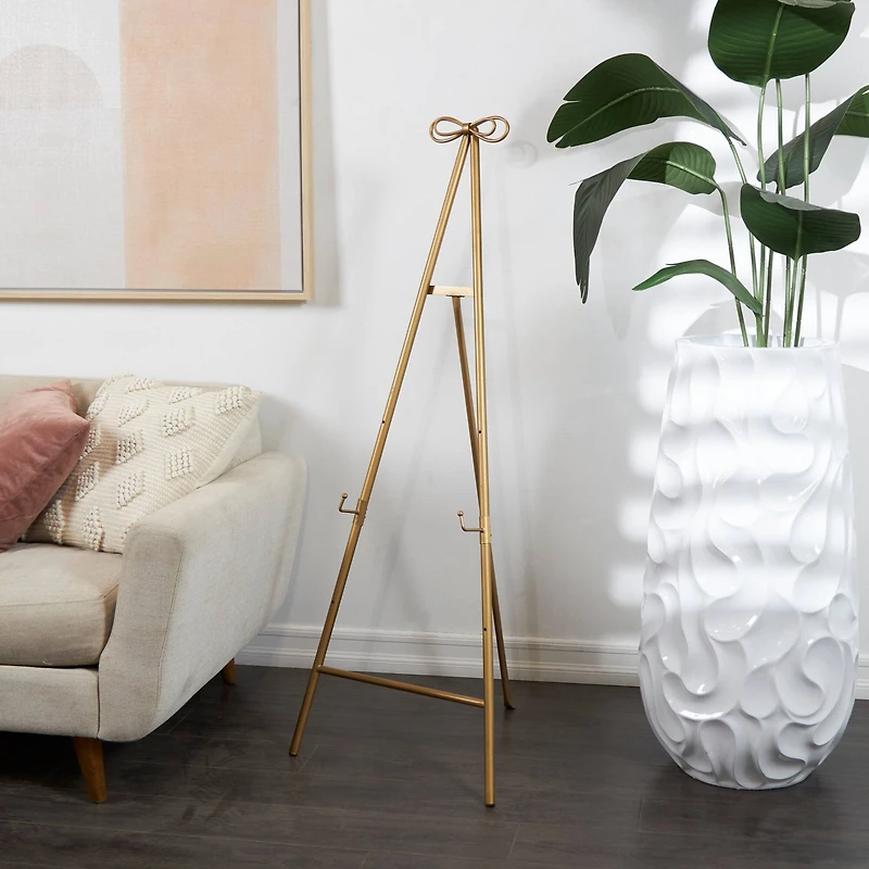 Gold Metal Tall Adjustable Floor Easel with Bow Top