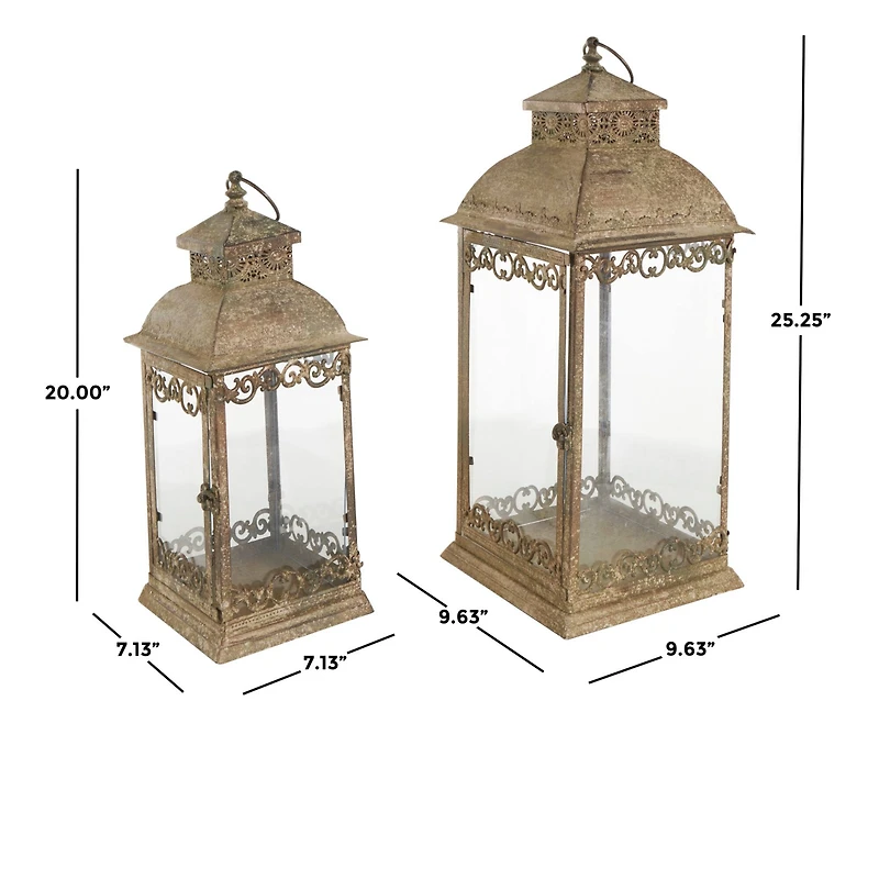 Brown Distressed Metal Candle Lantern Set