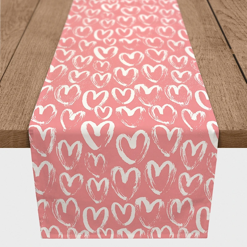 90" Pink & White Scribble Heart Pattern Poly Twill Table Runner