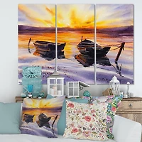 Designart - Sunset and Two Small Boats Parking On The Shore