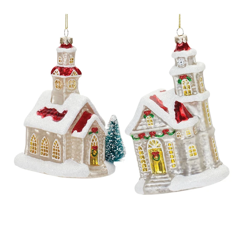 6ct. Glittered Glass Church Ornaments