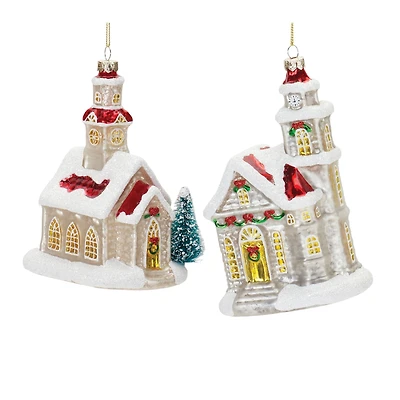 6ct. Glittered Glass Church Ornaments