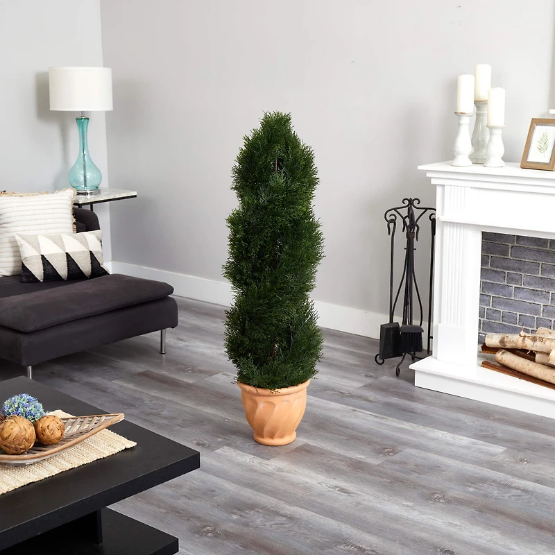4.5ft. UV Resistant Double Pond Cypress Topiary Artificial Tree in Terracotta Planter