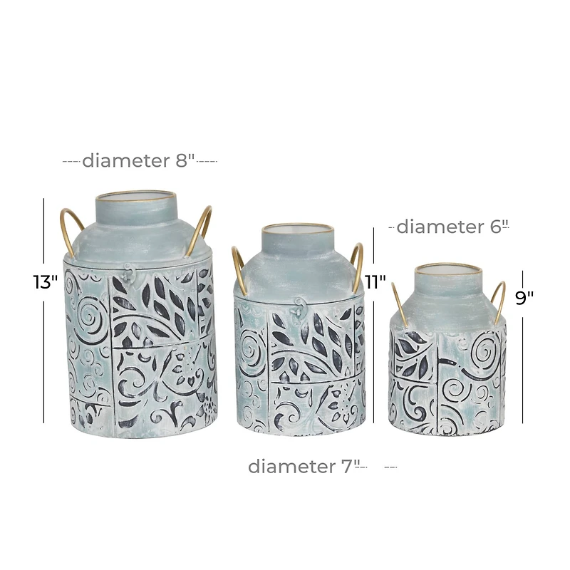 Set of 3 Blue Metal Farmhouse Vase, 9", 11", 13"