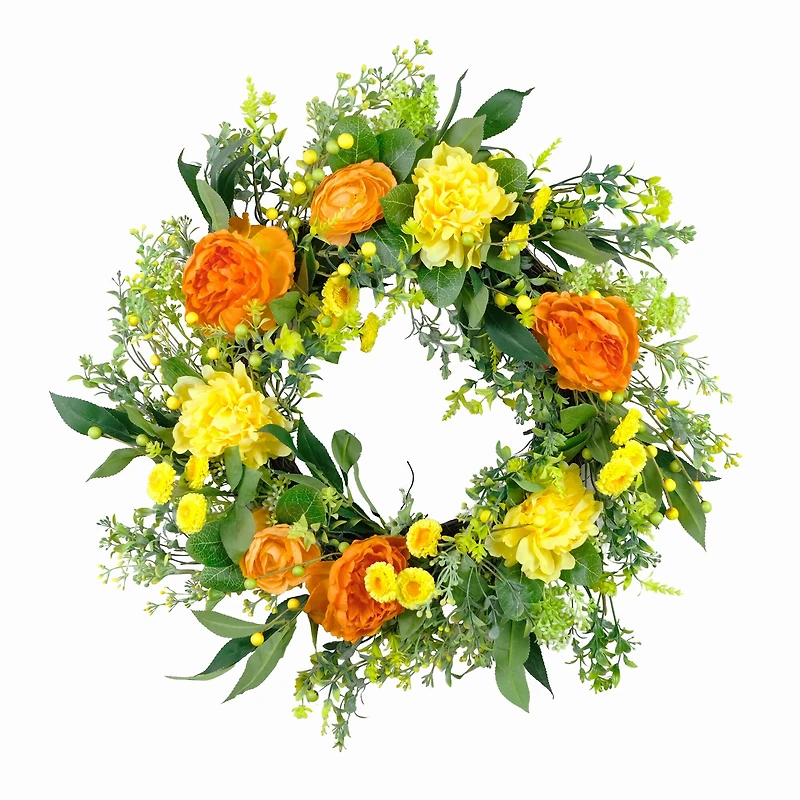 24" Orange & Yellow Spring Peony Floral Wreath