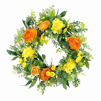 24" Orange & Yellow Spring Peony Floral Wreath