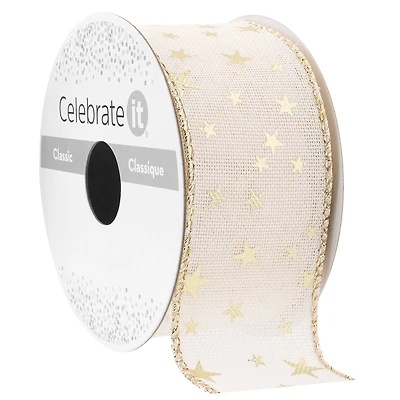 1.5" x 3yd. Gold Star Wired Faux Linen Ribbon by Celebrate It® Classic