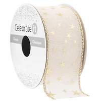 1.5" x 3yd. Gold Star Wired Faux Linen Ribbon by Celebrate It® Classic