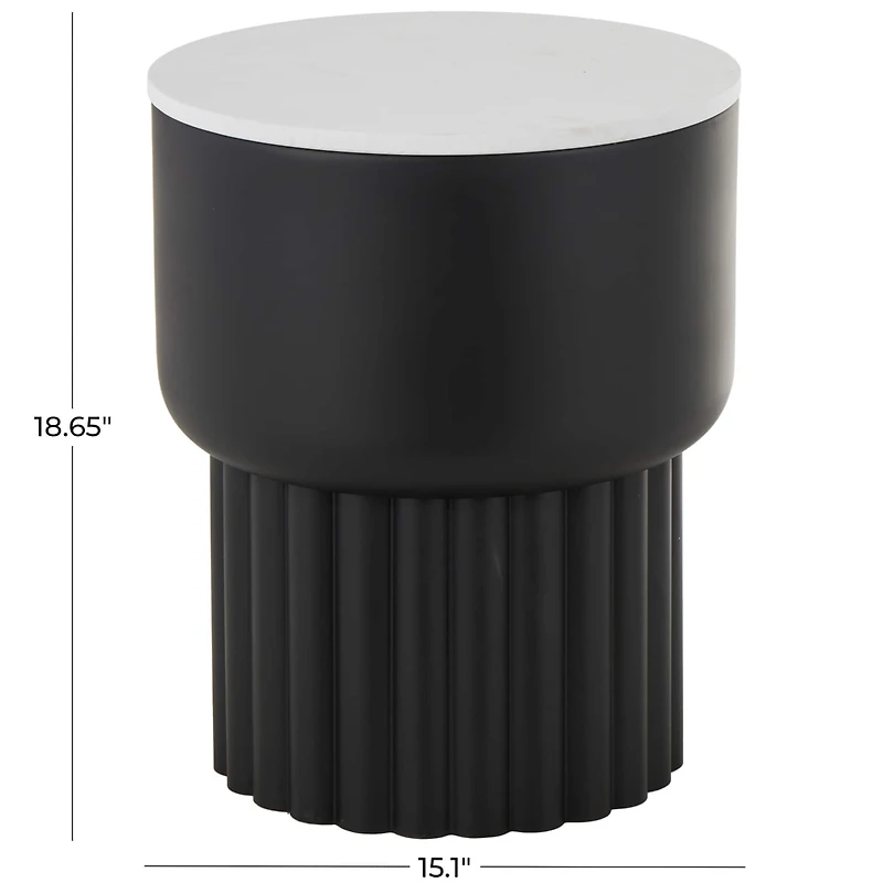 18.75" Black Metal Ribbed Side End Accent Table with White Marble Tabletop