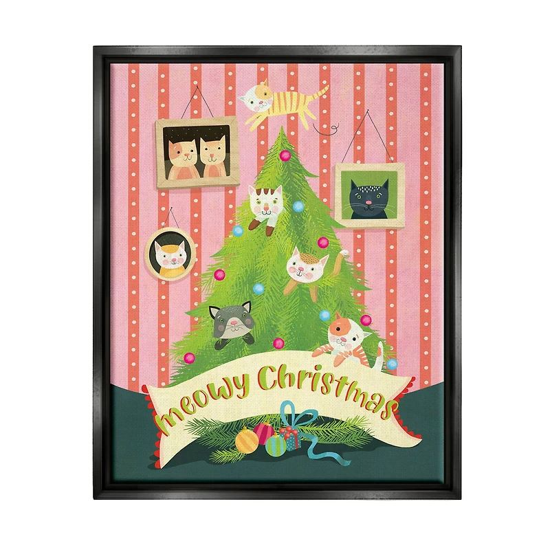 Stupell Industries Meowy Christmas Cat Tree Framed Floater Canvas Wall Art