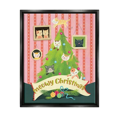 Stupell Industries Meowy Christmas Cat Tree Framed Floater Canvas Wall Art