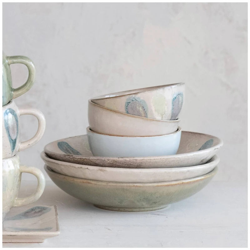 Hello Honey® 5" Green, Tan & Blue Geometric Harmony Stoneware Bowls Set