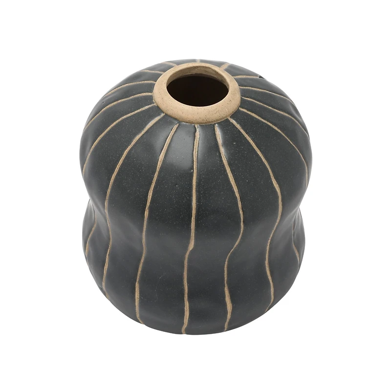 Hello Honey® 6" Black & Cream Stoneware Vase with Wax Relief Stripes