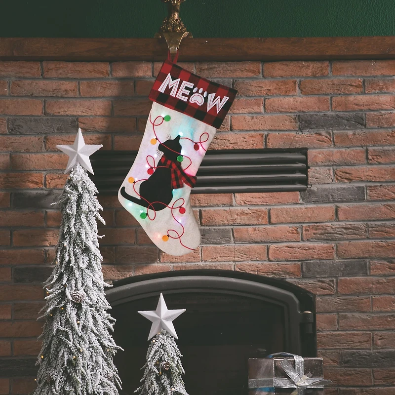 Glitzhome® Pre-Lit 21" Cat Embroidered Linen Christmas Stocking with LED Lighting