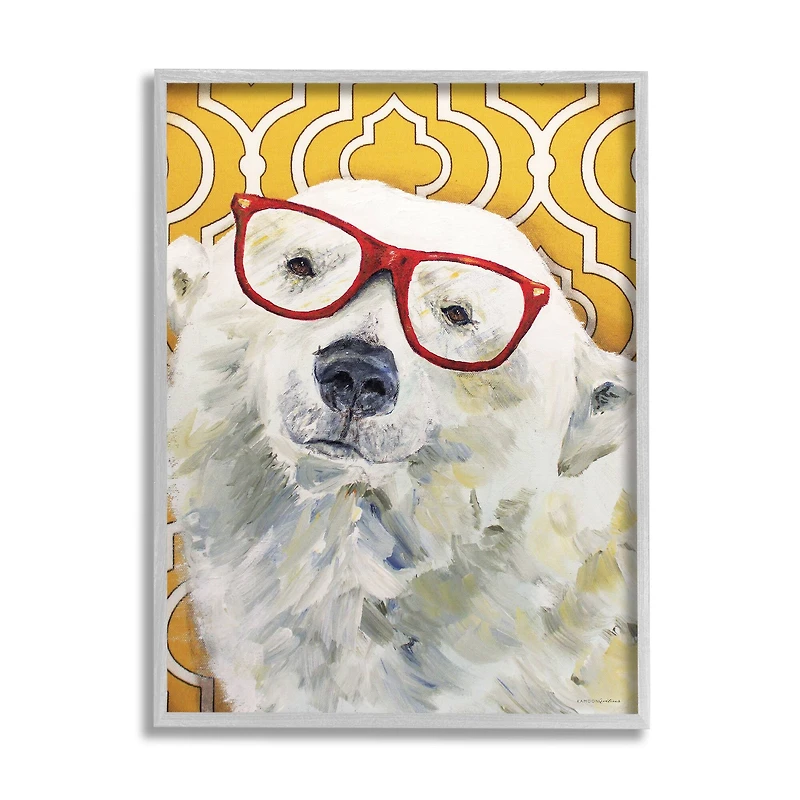Stupell Industries Polar Bear Red Glasses Bold Yellow Geometric Pattern Framed Wall Art