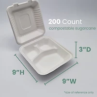 9" White Single-Compartment Hinged Compostable Take Out Containers, 200ct.