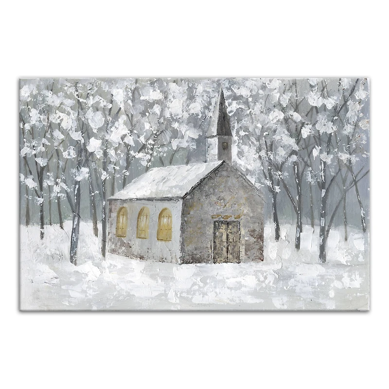 Church In Snowy Forest Canvas Wall Art